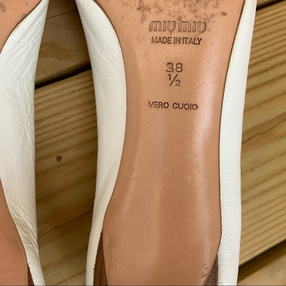 Miu Miu by Prada White Navy Blue Stripe Ribbon Heels Shoes Italy 38.5 Leather - Picture 11 of 14